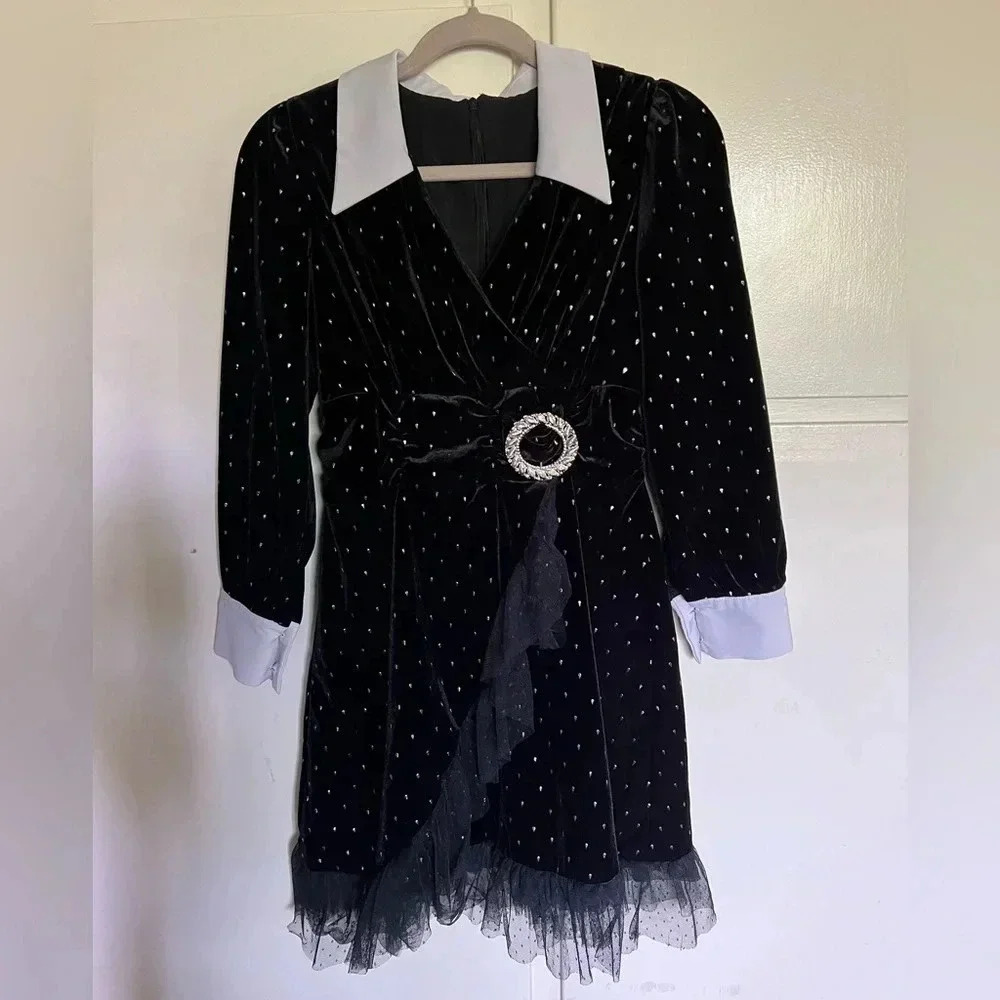 Black Velvet Wednesday Dress‎ Long Sleeves Witchy Size Medium
